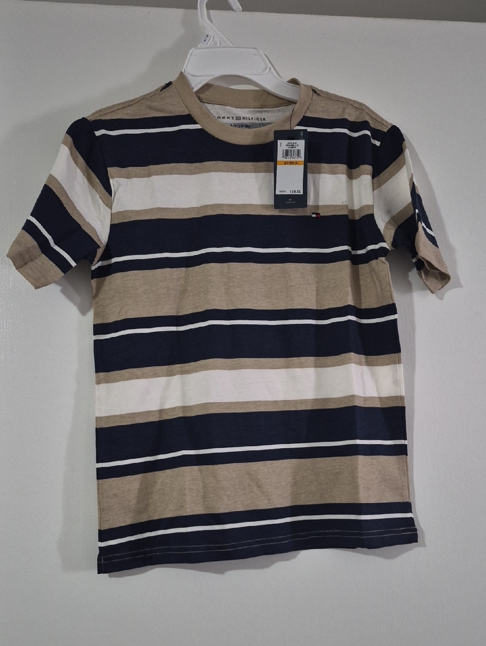 Tommy Hilfiger Boys Navy, Tan & White Striped Short Sleeve Tee